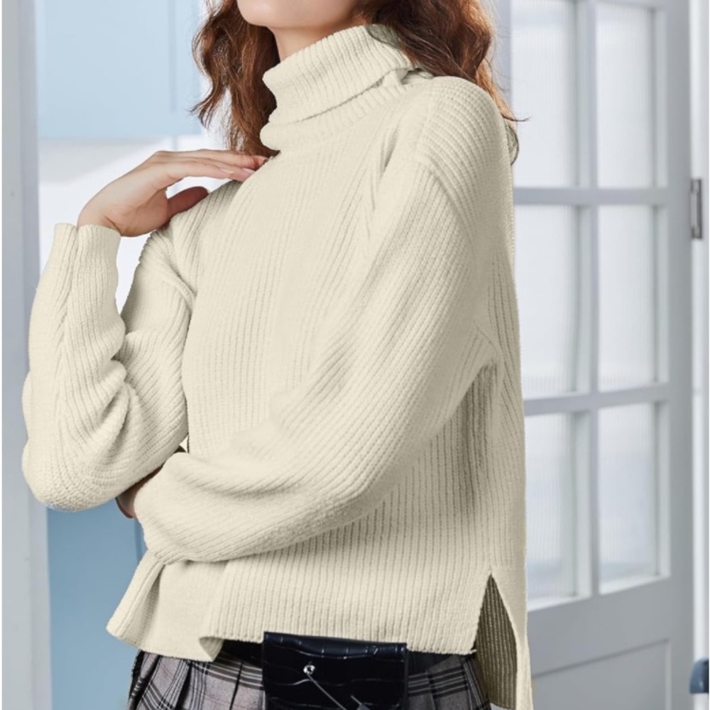 S DEER Women's Turtleneck Long Sleeve Sweater Knit Pullover Cropped Casual white